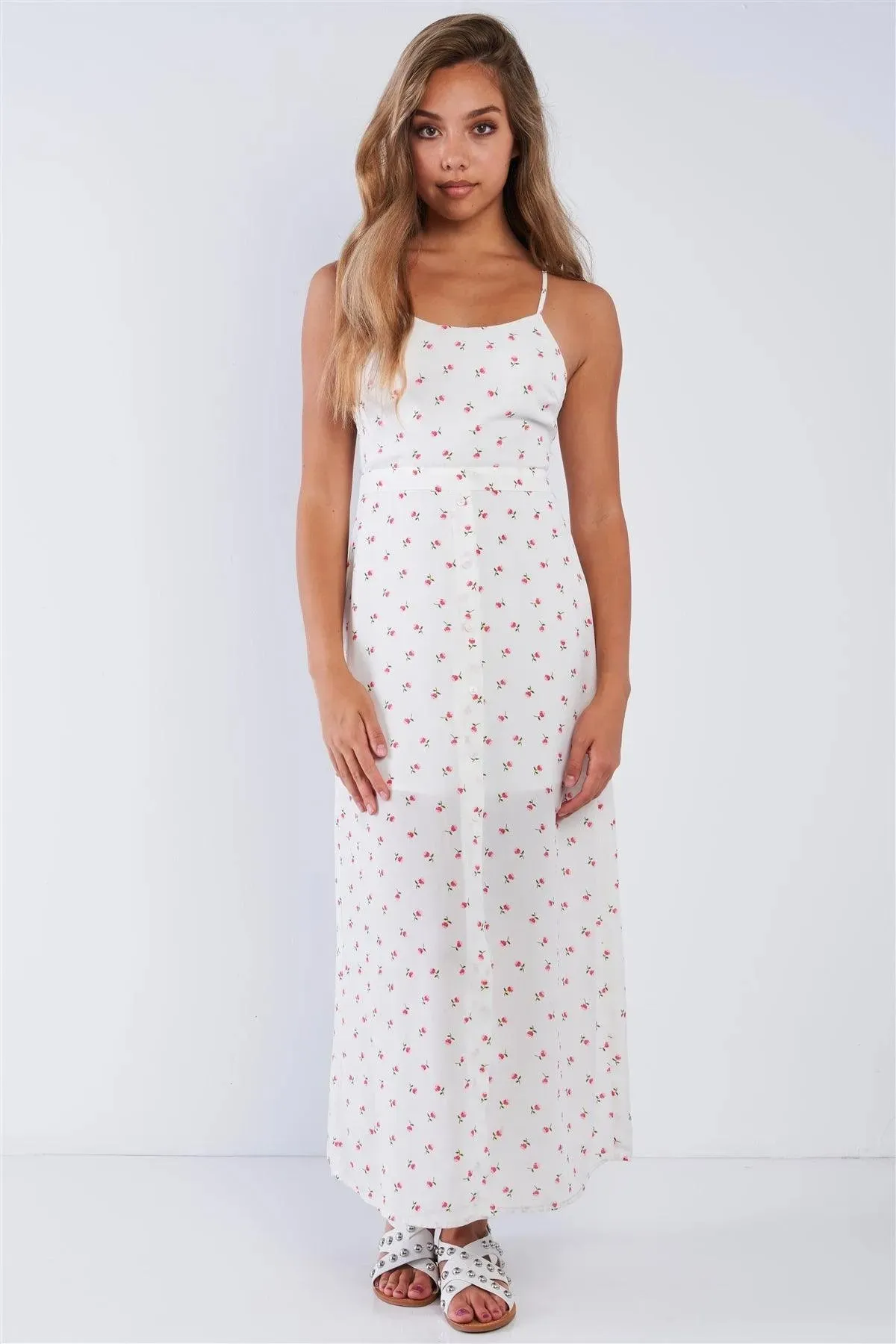 Floral Chiffon Rose Print Cami Strapped Self Tie Maxi Dress