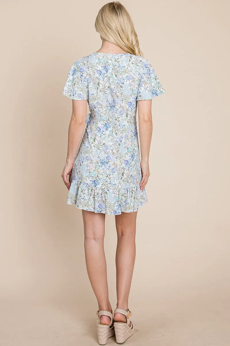 Floral Ruffled Asymmetrical Hem Wrap Dress
