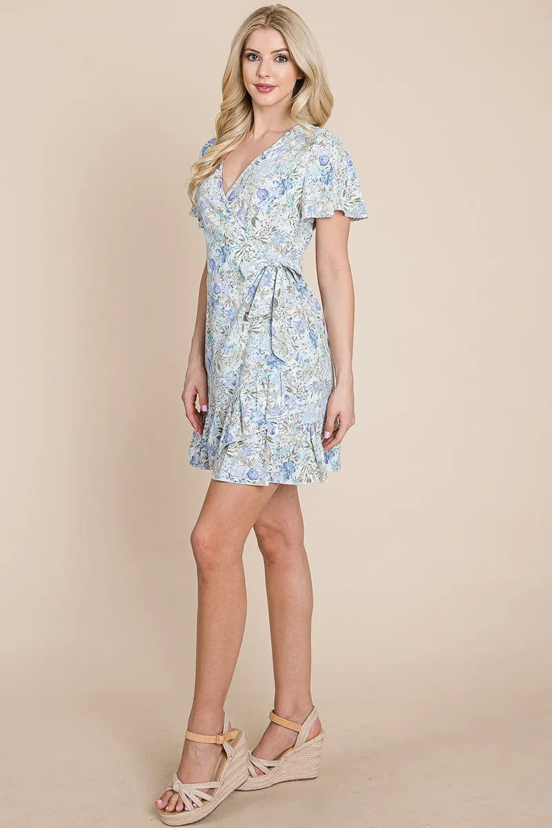 Floral Ruffled Asymmetrical Hem Wrap Dress