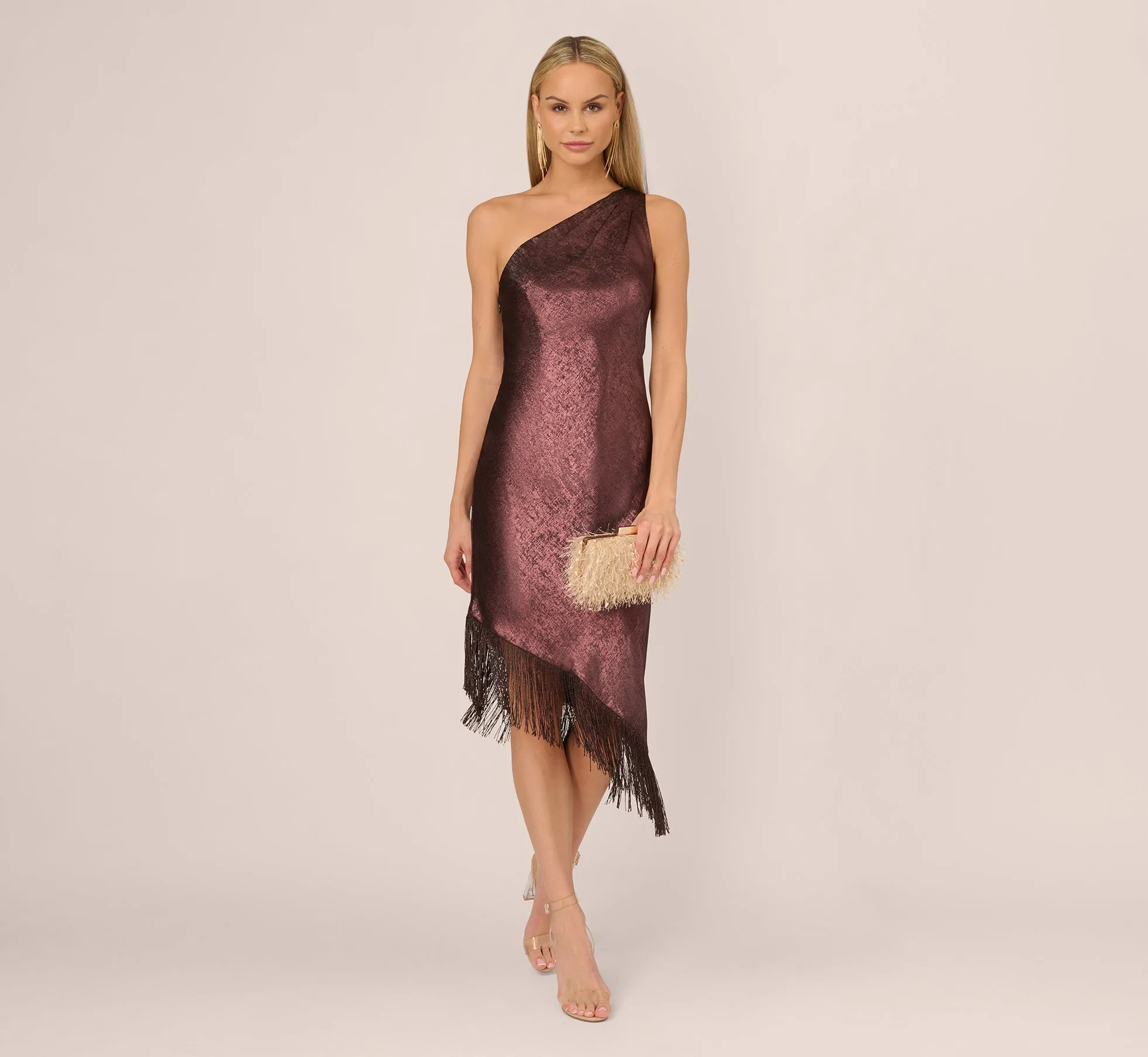 Foiled One Shoulder Asymmetrical Dress With Fringe Hem In Blackened Red
