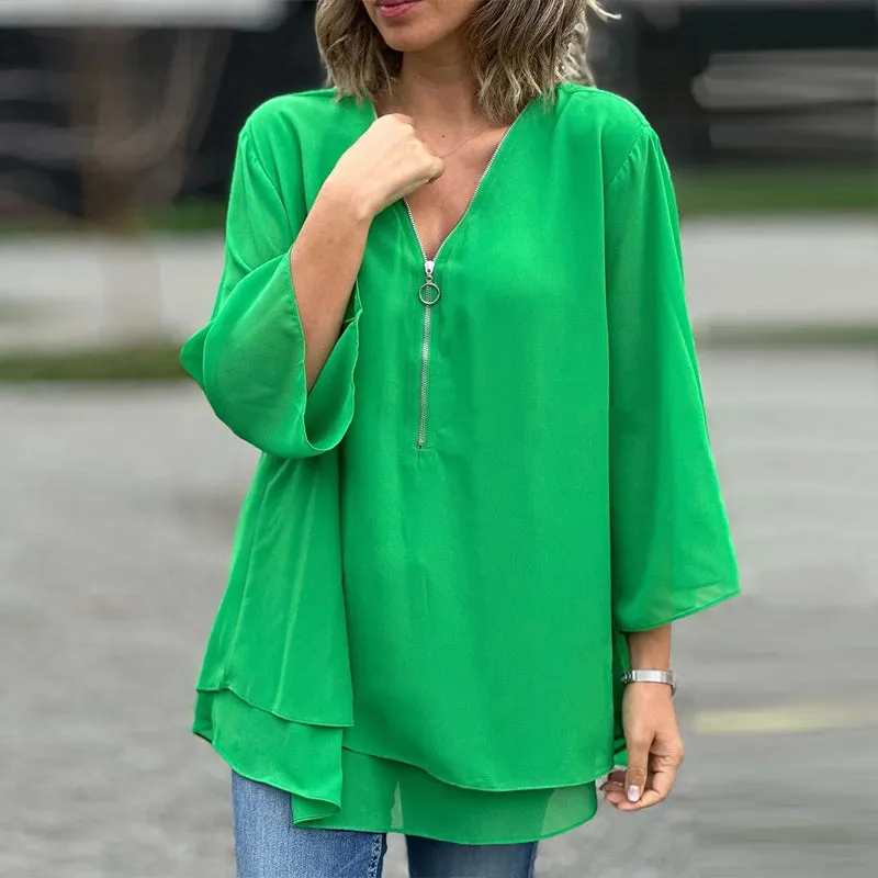 Freya | Chiffon zipper top with V-neck