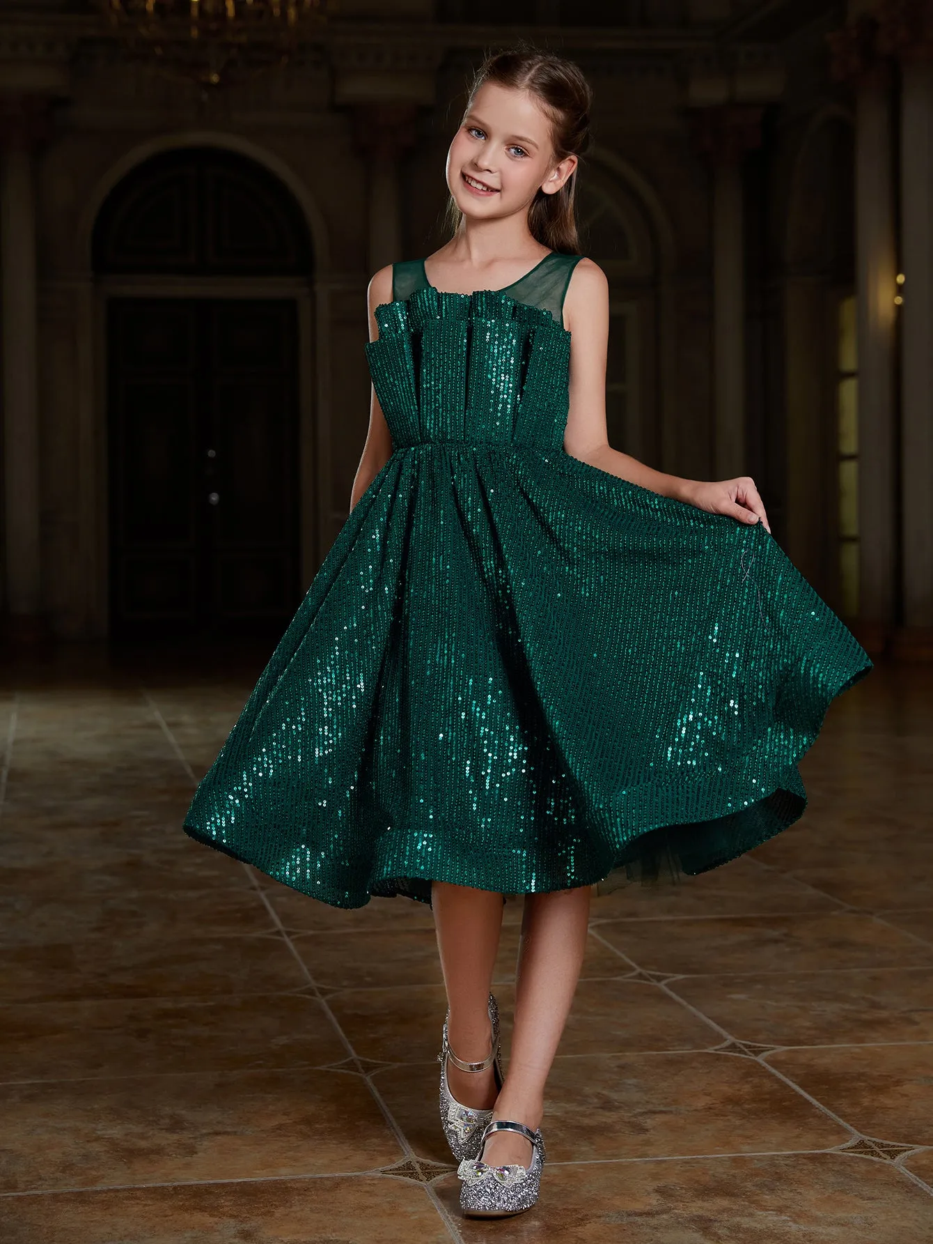 Girl's Pleated Front Sleeveless Sequin Party Dresses
