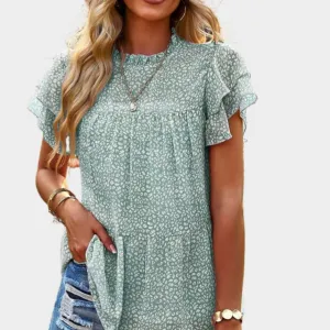 Green Floral Blouse with Ruffle Sleeve