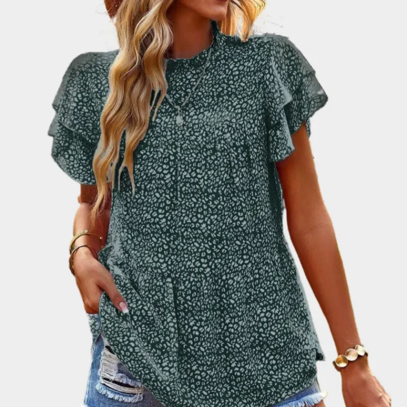 Green Floral Blouse with Ruffle Sleeve