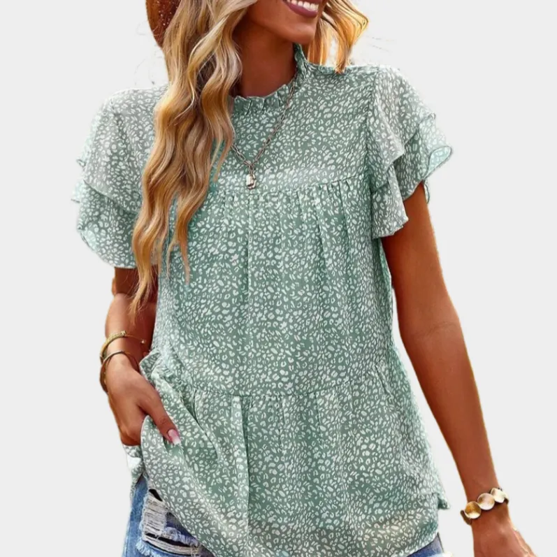 Green Floral Blouse with Ruffle Sleeve