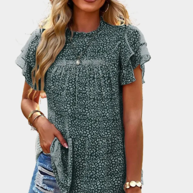 Green Floral Blouse with Ruffle Sleeve