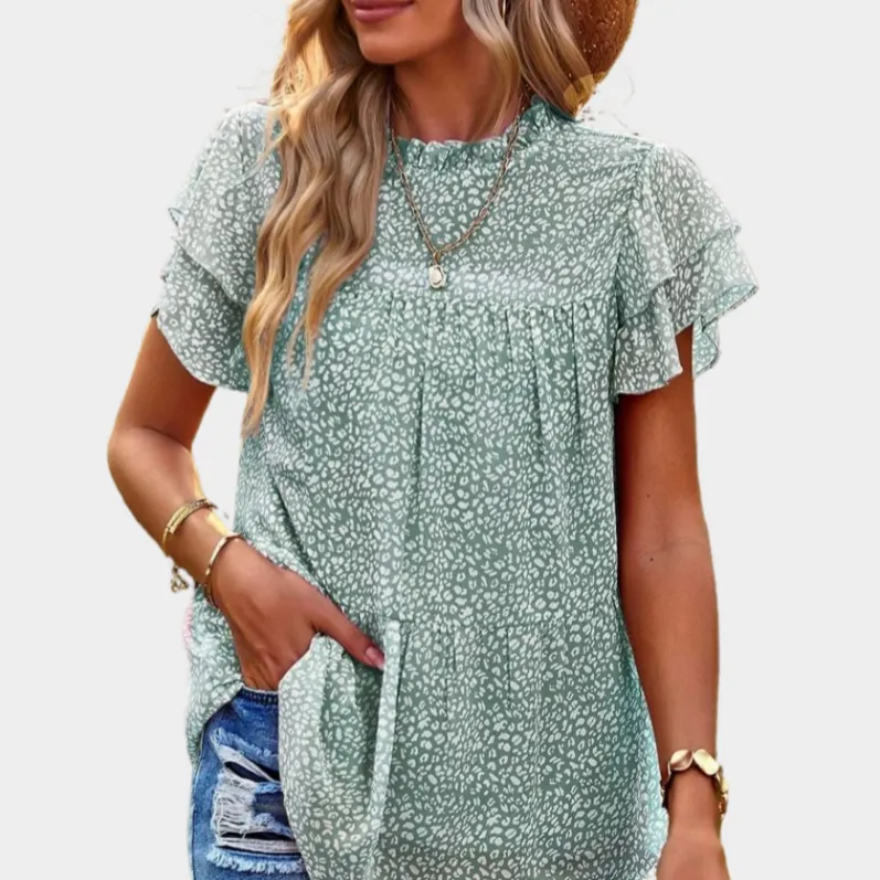Green Floral Blouse with Ruffle Sleeve