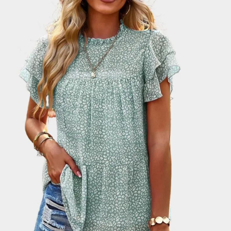 Green Floral Blouse with Ruffle Sleeve