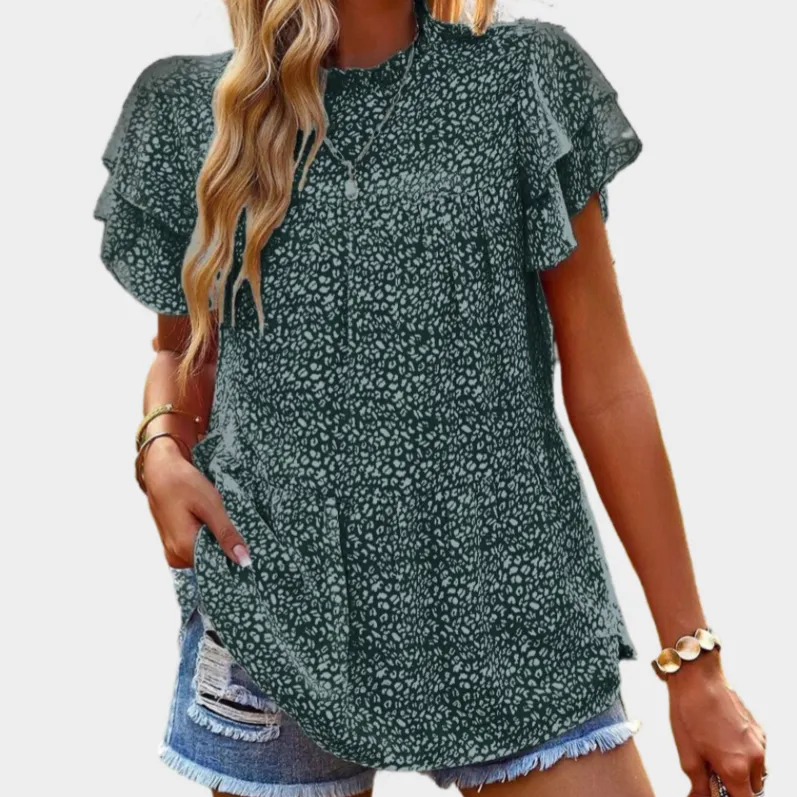 Green Floral Blouse with Ruffle Sleeve