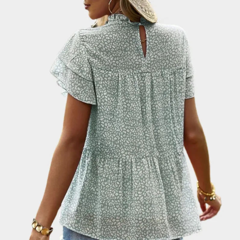 Green Floral Blouse with Ruffle Sleeve