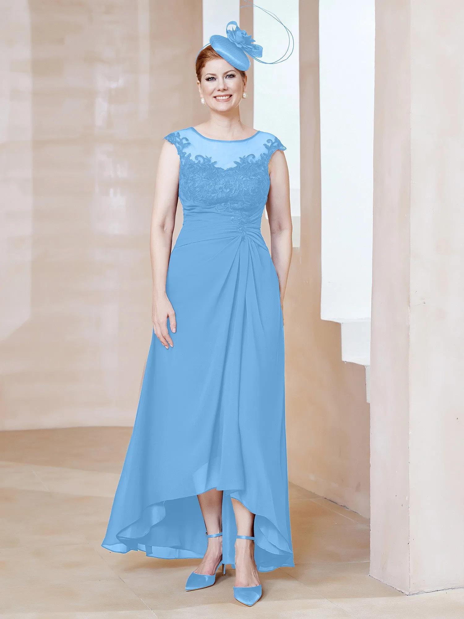 Illusion Lace Neckline Asymmetrical A-Line Dress Blue