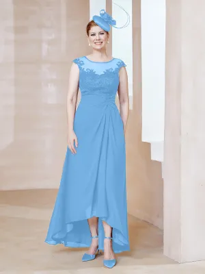 Illusion Lace Neckline Asymmetrical A-Line Dress Blue