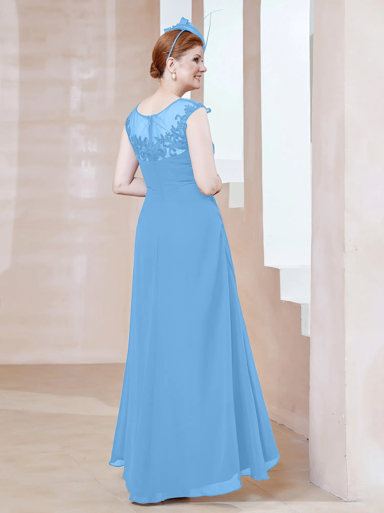 Illusion Lace Neckline Asymmetrical A-Line Dress Blue