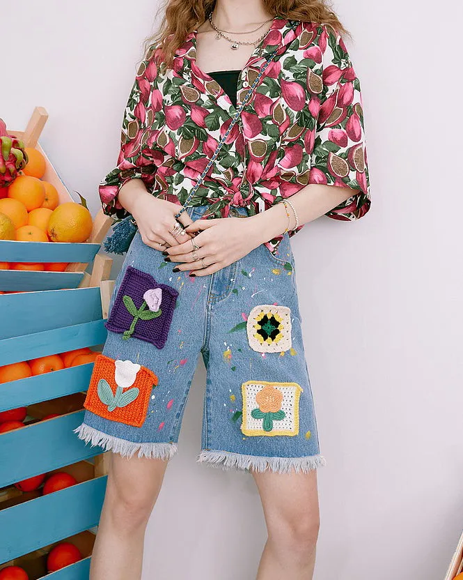 Indie Aesthetic Crochet Flower Denim Shorts