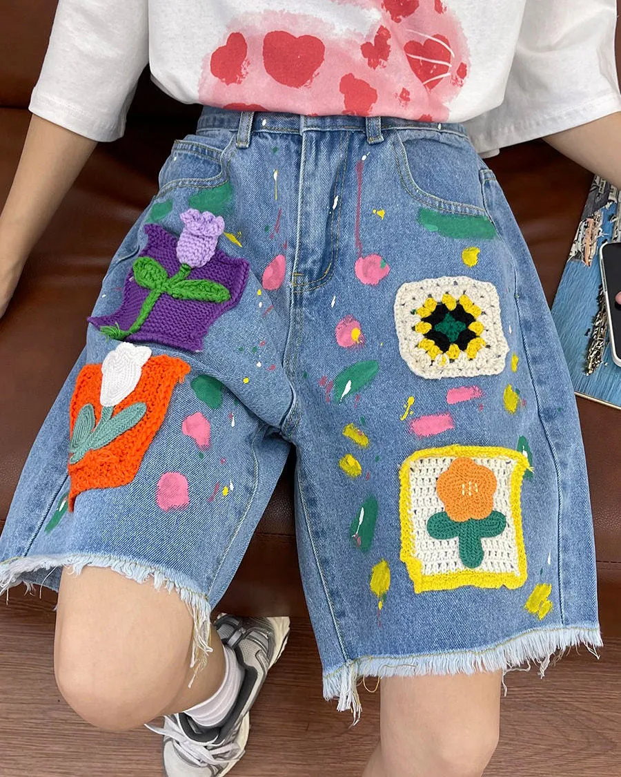 Indie Aesthetic Crochet Flower Denim Shorts