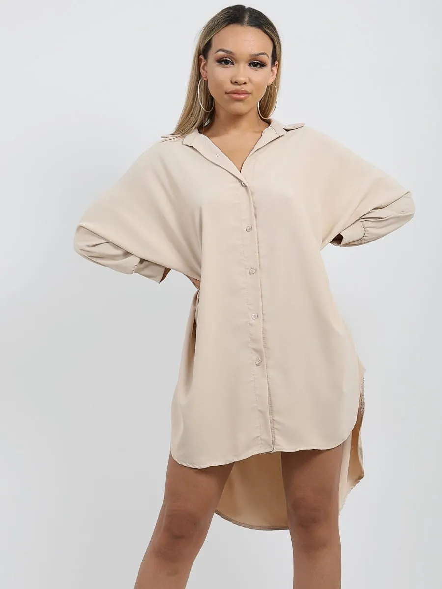 Julie Oversized Dip Hem Shirt Dress In Stone