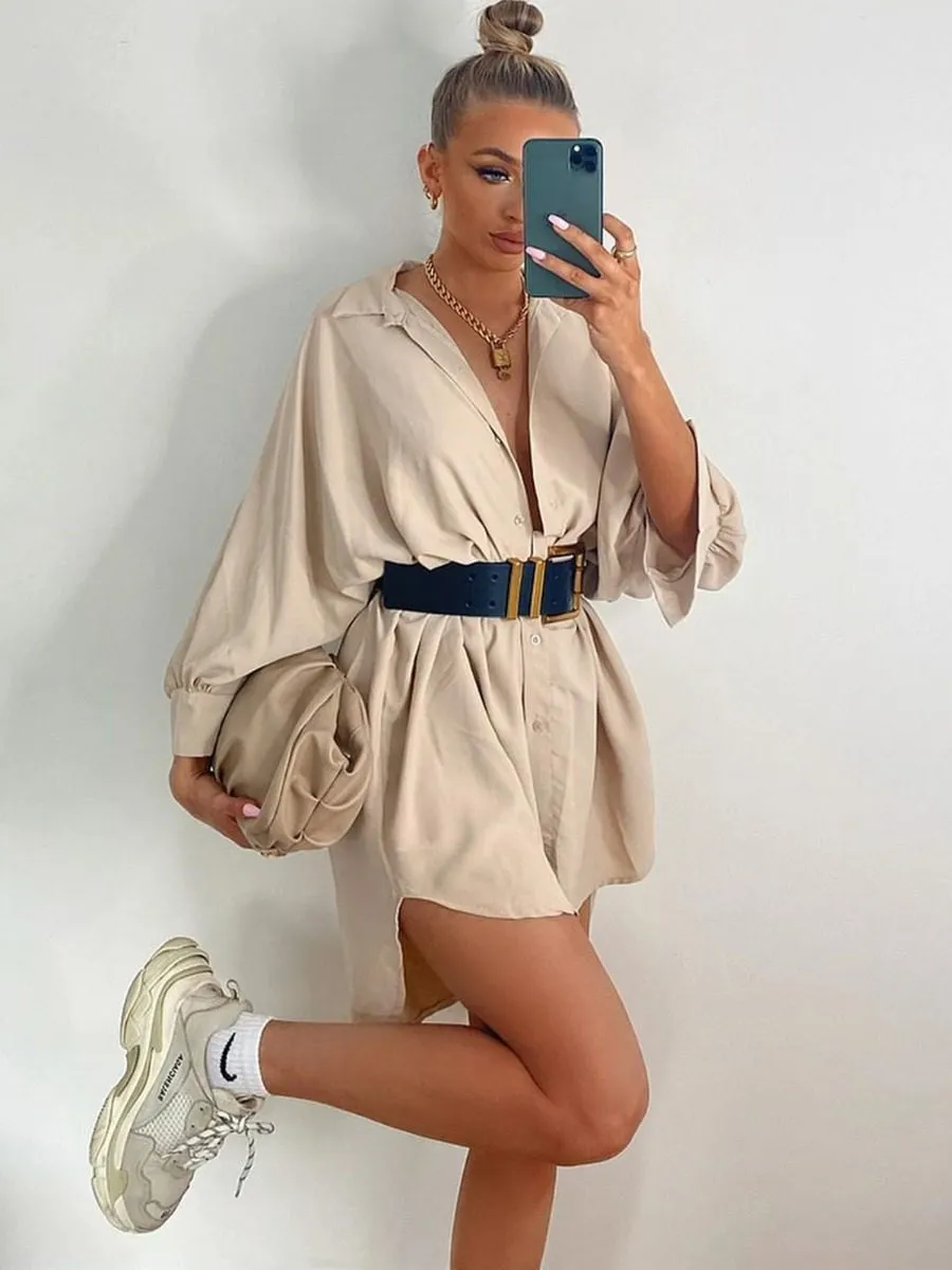 Julie Oversized Dip Hem Shirt Dress In Stone