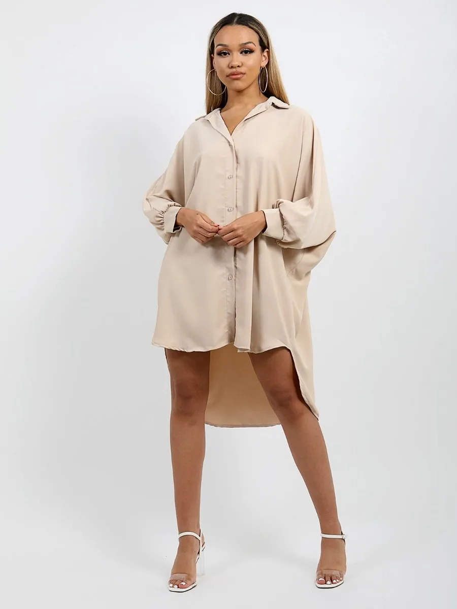 Julie Oversized Dip Hem Shirt Dress In Stone