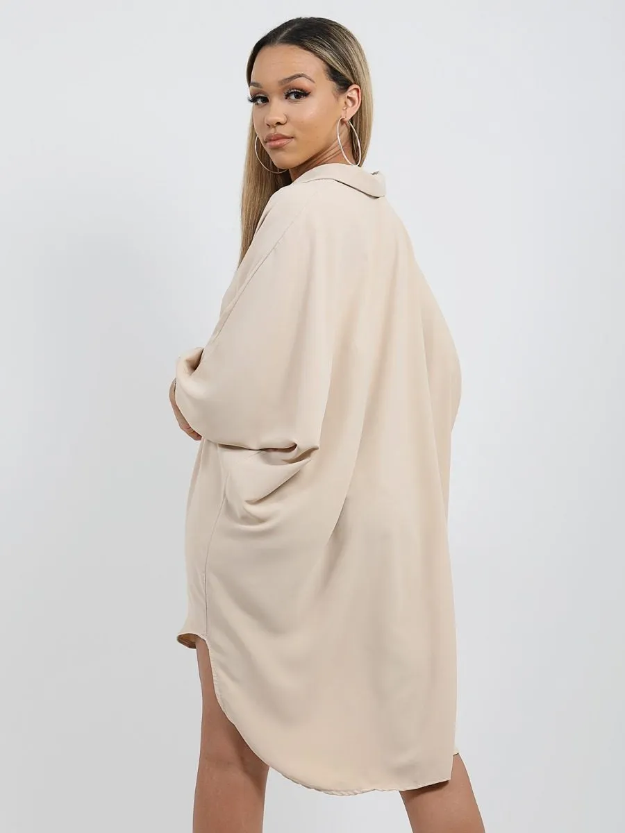 Julie Oversized Dip Hem Shirt Dress In Stone