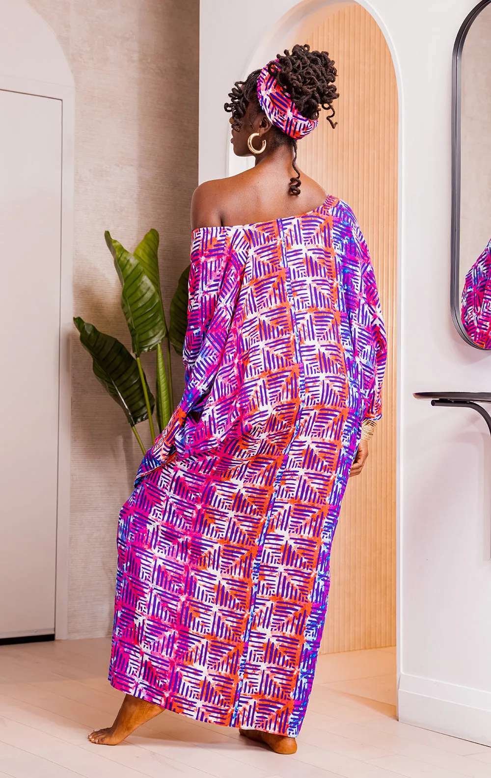 Karimah Women's African Print Kaftan Cover-Up (Blue Raspberry Adire)-Clearance