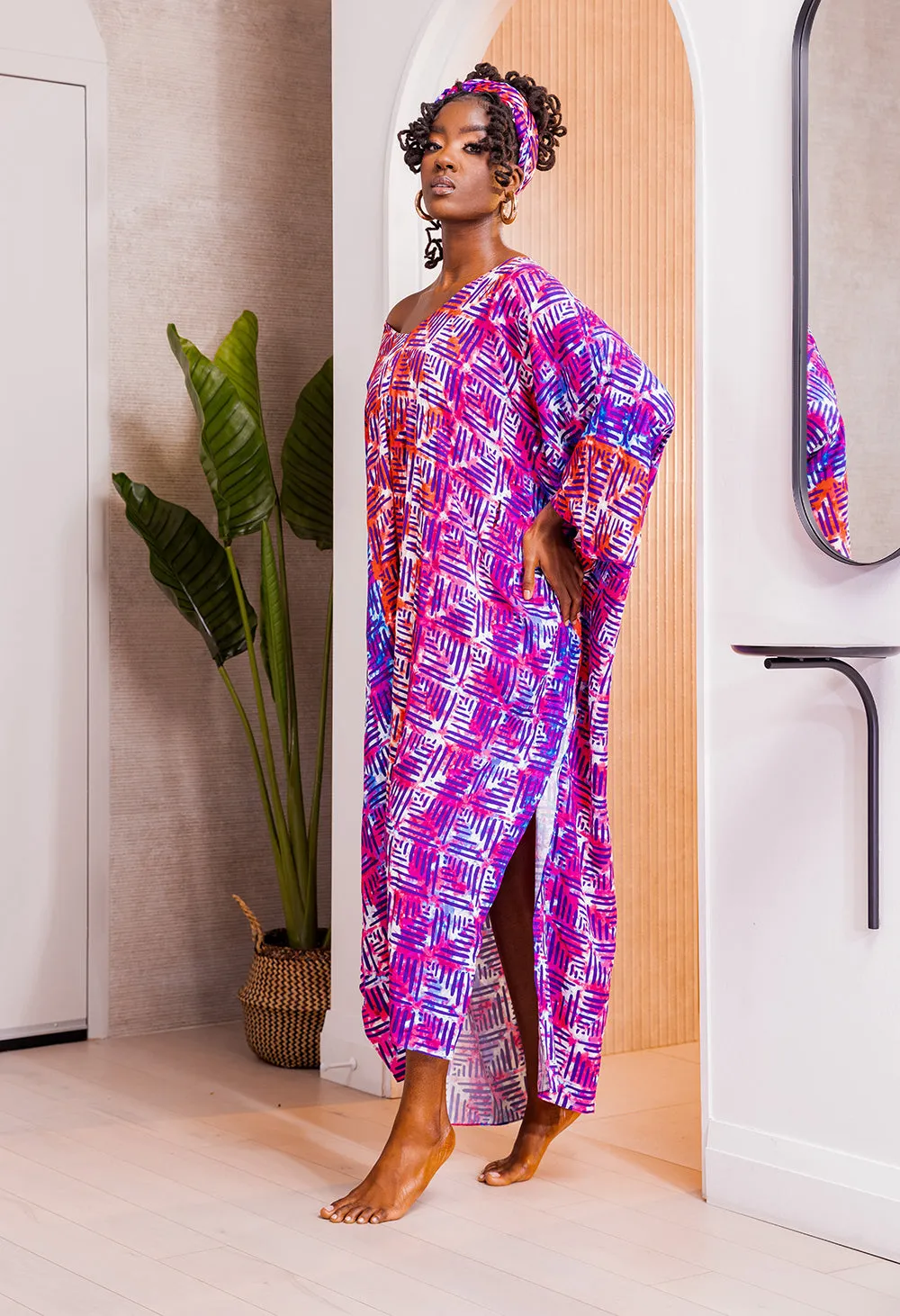 Karimah Women's African Print Kaftan Cover-Up (Blue Raspberry Adire)-Clearance