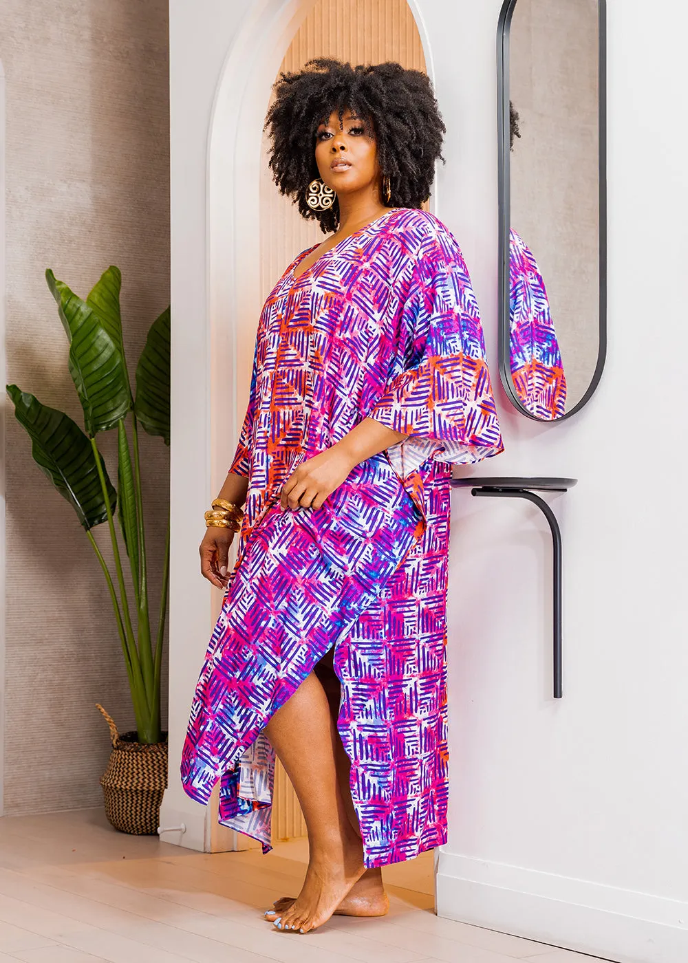 Karimah Women's African Print Kaftan Cover-Up (Blue Raspberry Adire)-Clearance