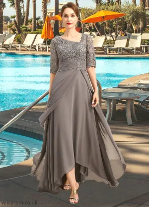Kira A-line Asymmetrical Asymmetrical Chiffon Lace Mother of the Bride Dress With Pleated Sequins SWK126P0021688