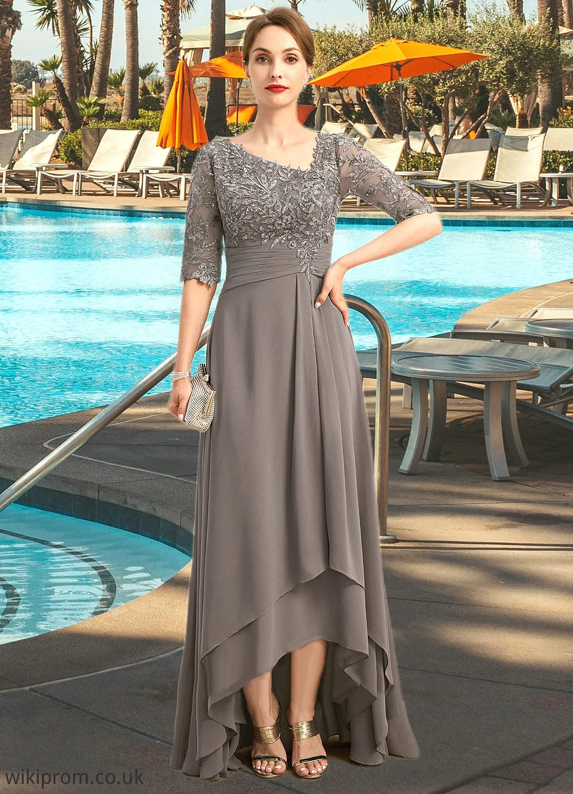 Kira A-line Asymmetrical Asymmetrical Chiffon Lace Mother of the Bride Dress With Pleated Sequins SWK126P0021688