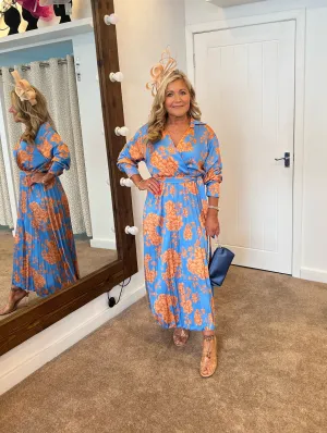 Kira wrap over pleated balloon sleeve midi dress in  cornflour blue