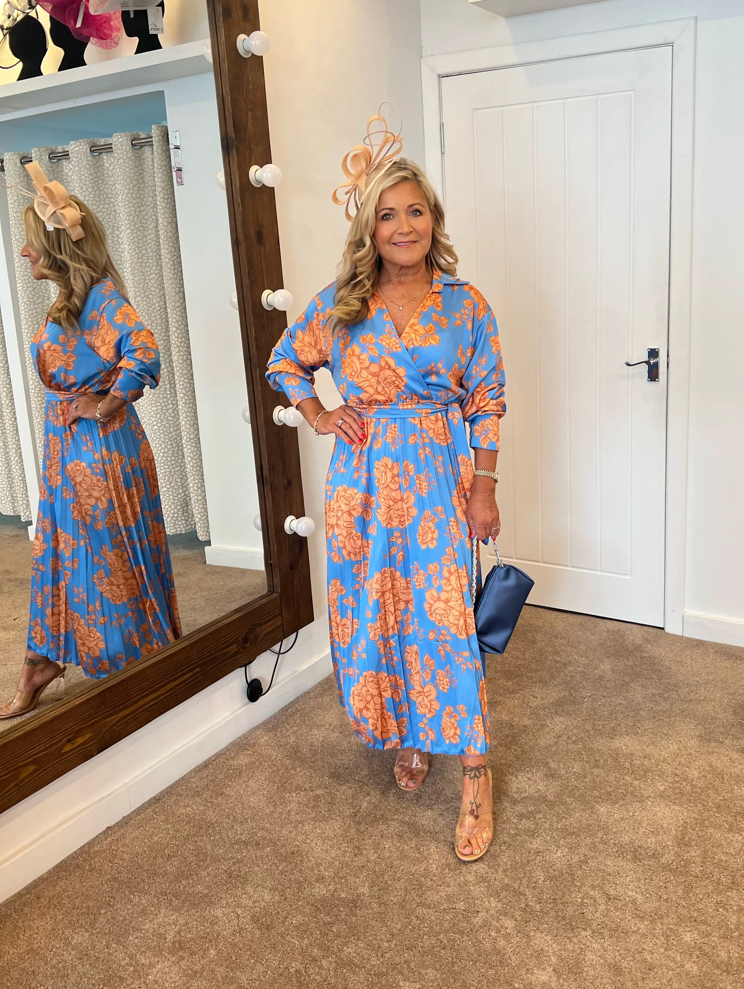 Kira wrap over pleated balloon sleeve midi dress in  cornflour blue