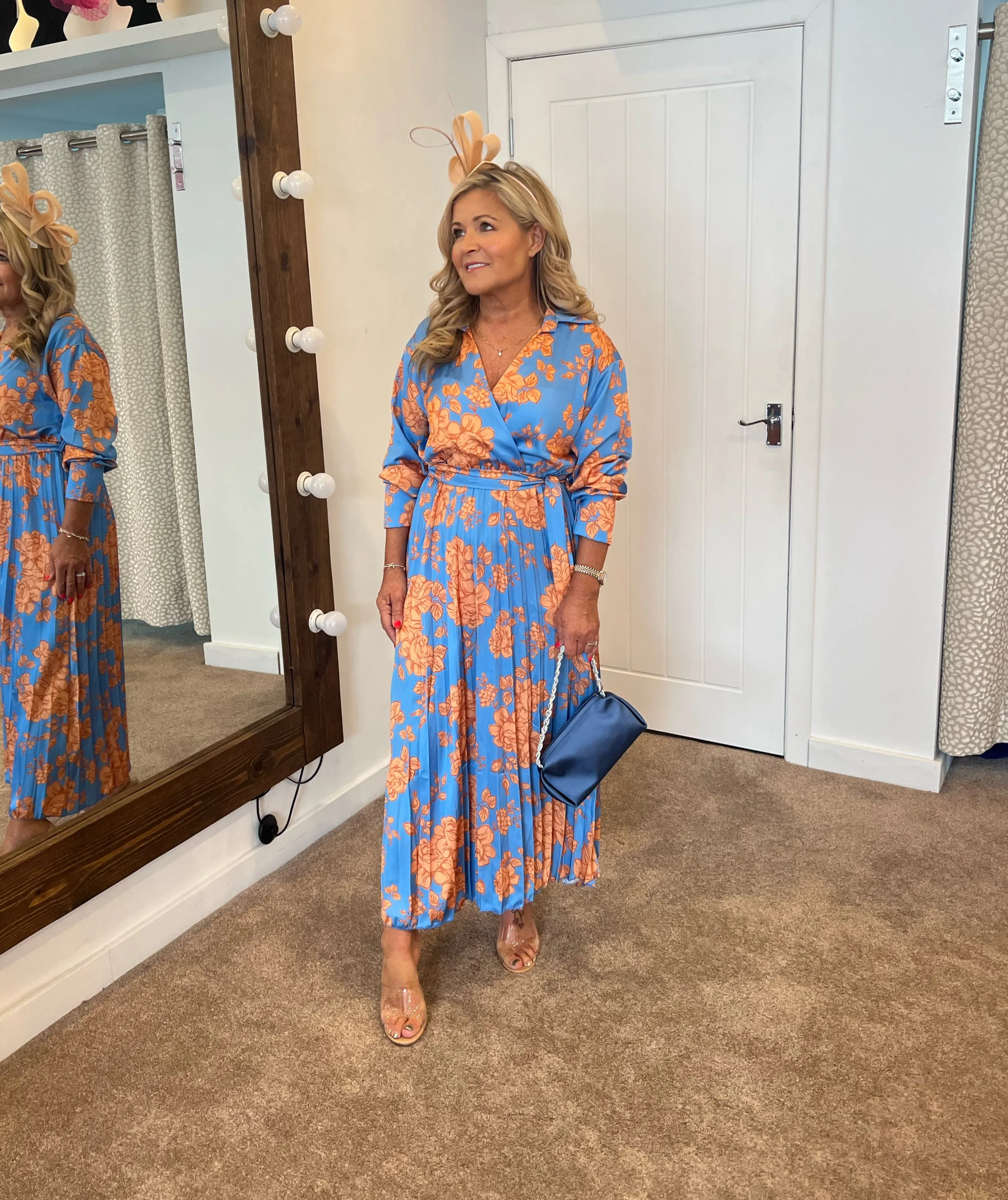 Kira wrap over pleated balloon sleeve midi dress in  cornflour blue