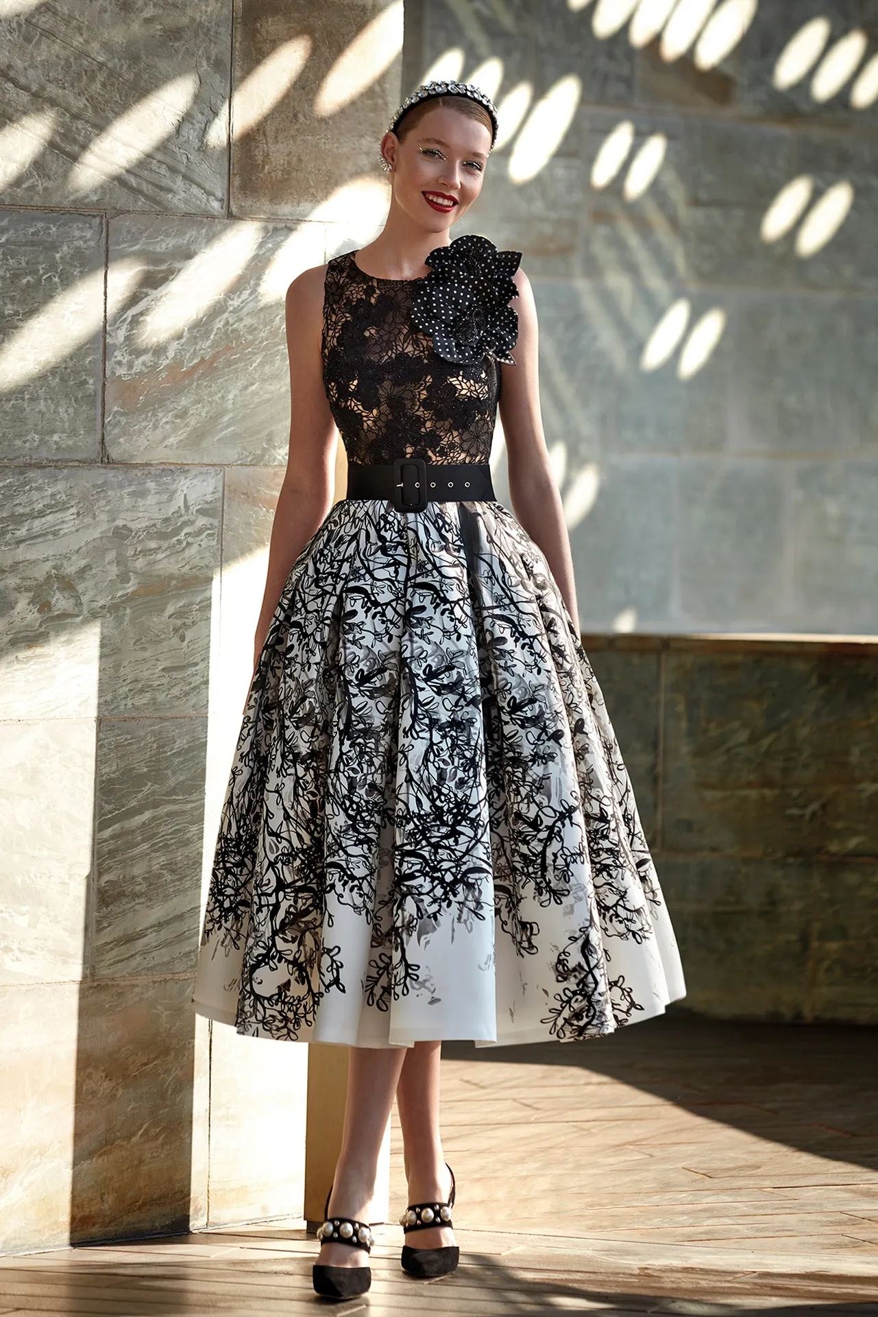 Lace and Mikado Sleeveless Midi Dress