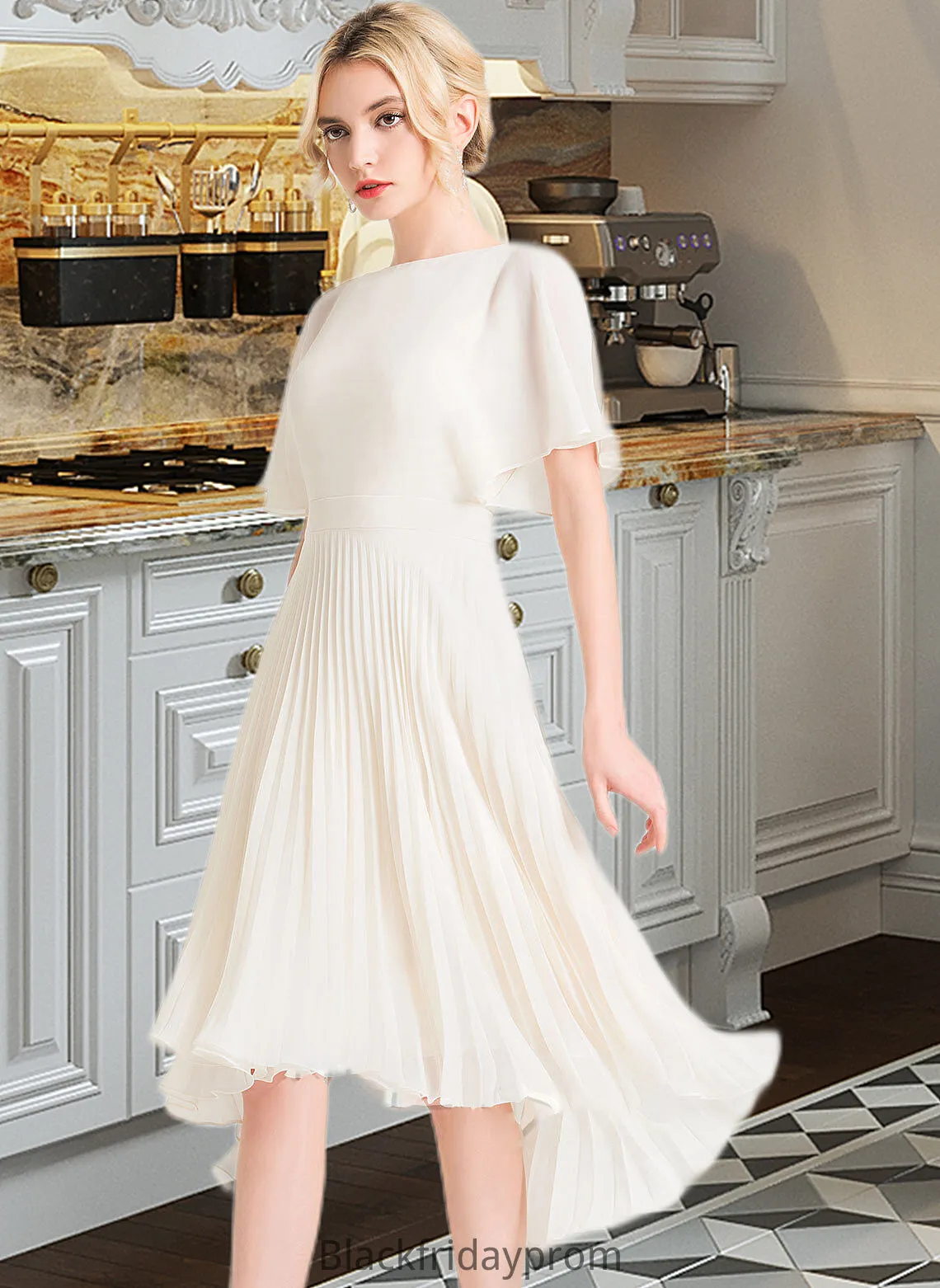 Laci A-Line Scoop Neck Asymmetrical Chiffon Bridesmaid Dress With Pleated BF2P0012917