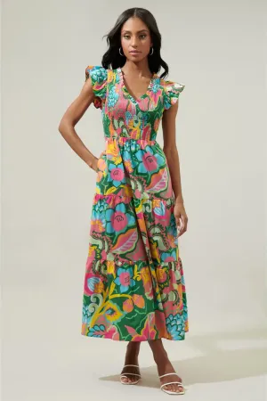 Lanai Multi Tropics Sunfire Smocked Bodice Tiered Midi Dress