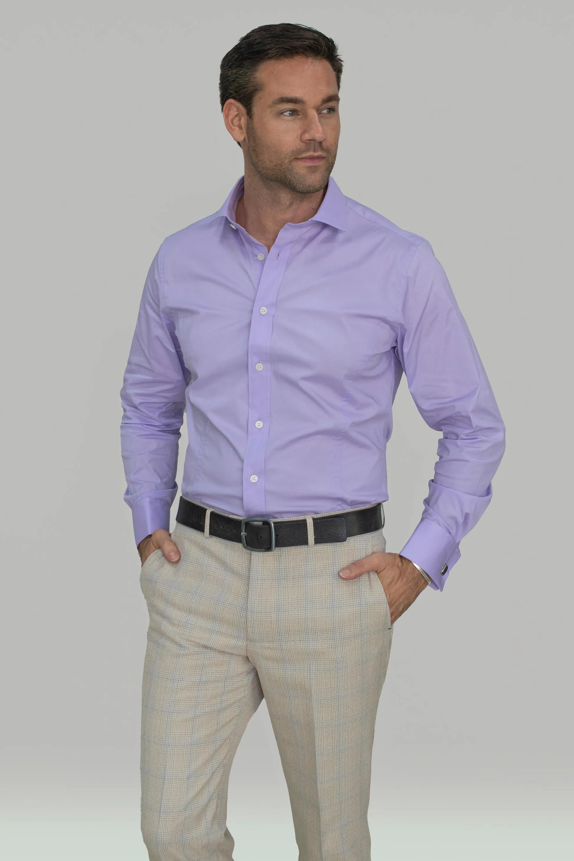 Men's Cotton Slim Fit Shirt with Cufflinks - ROSSI - Lilac
