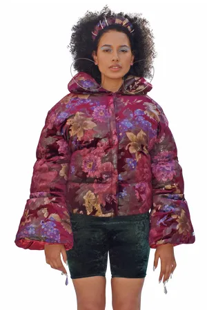 Opera Oversized Puffer Jacket Wine Floral