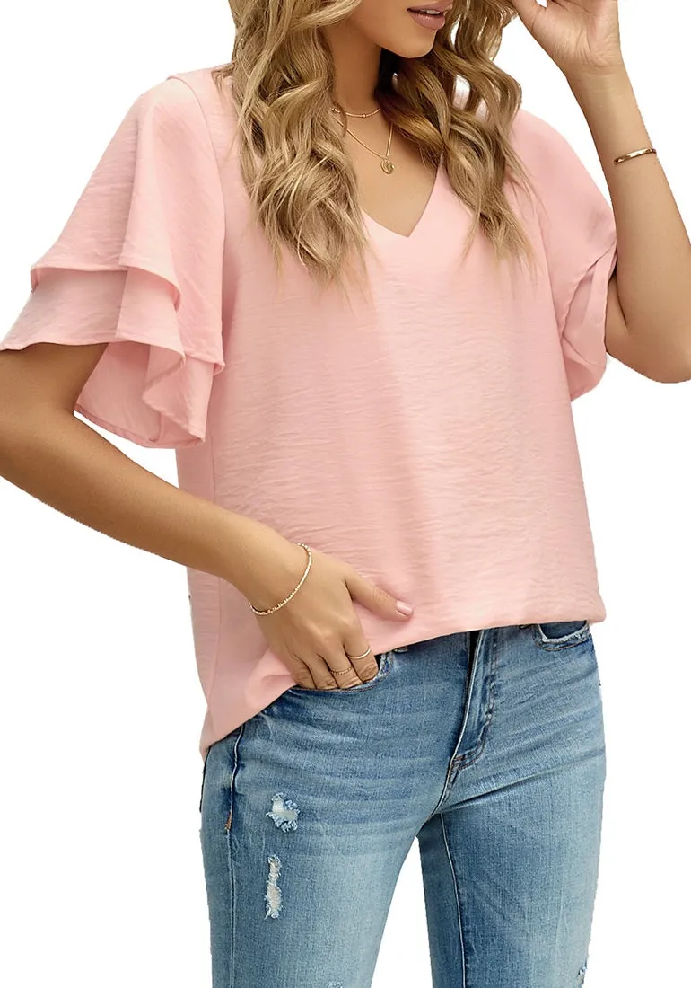 Pink Casual V-Neck Short Ruffle Sleeves Cut-Out Back Top