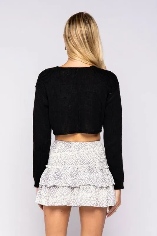Polly Black Button-Up Cropped Cardigan Sweater