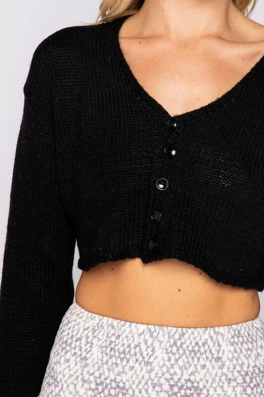 Polly Black Button-Up Cropped Cardigan Sweater