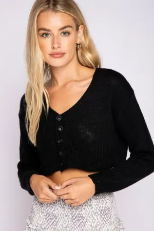 Polly Black Button-Up Cropped Cardigan Sweater