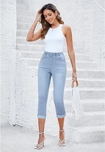 Powder Blue - Acid Wash Women's High Waisted Elastic Slight Stretch Denim Pull On Cuffed Hem Capri Jeans Denim Pants