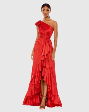 Red Bow One Shoulder Ruffle Asymmetrical Hem Gown