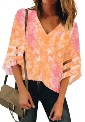 Tie Dye Orange Women's V Neck Mesh Panel Blouse 3/4 Bell Sleeve Loose Top Shirt