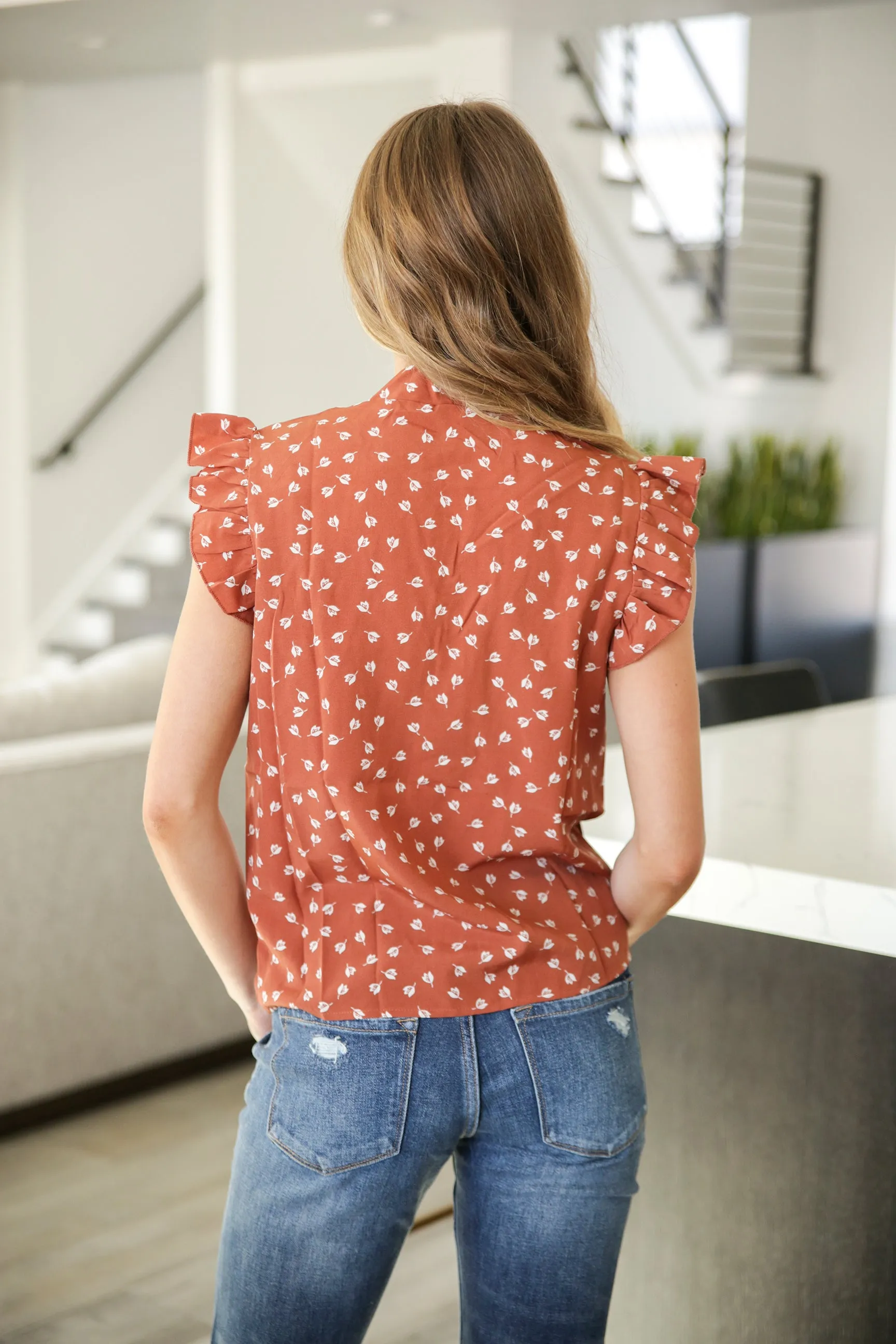 Tie Neck Ruffle Sleeve Top