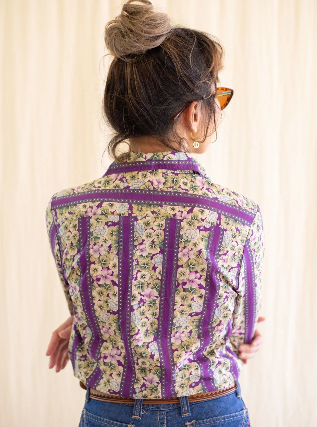 Vintage Cotton Collared Neck Floral Striped Purple Blouse