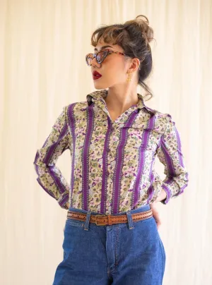Vintage Cotton Collared Neck Floral Striped Purple Blouse