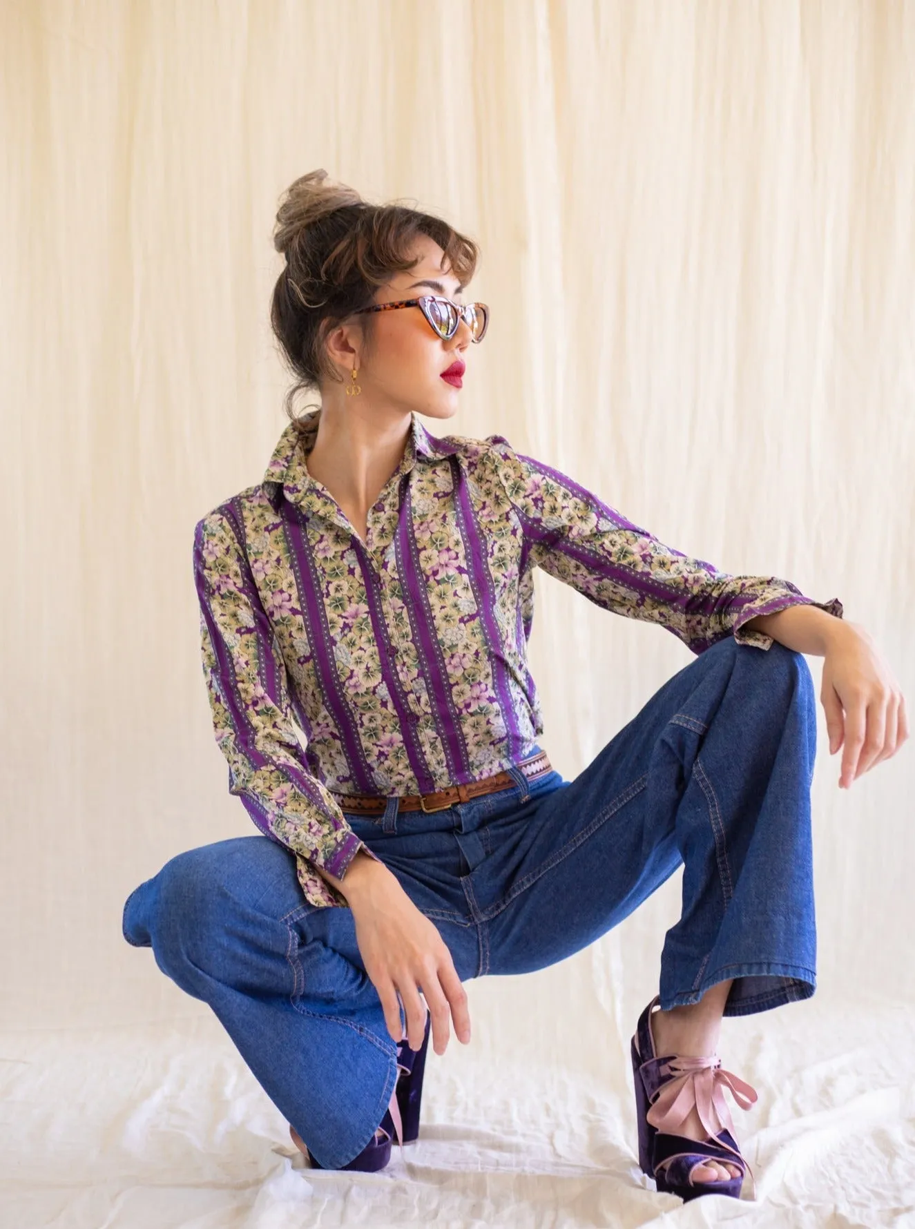 Vintage Cotton Collared Neck Floral Striped Purple Blouse