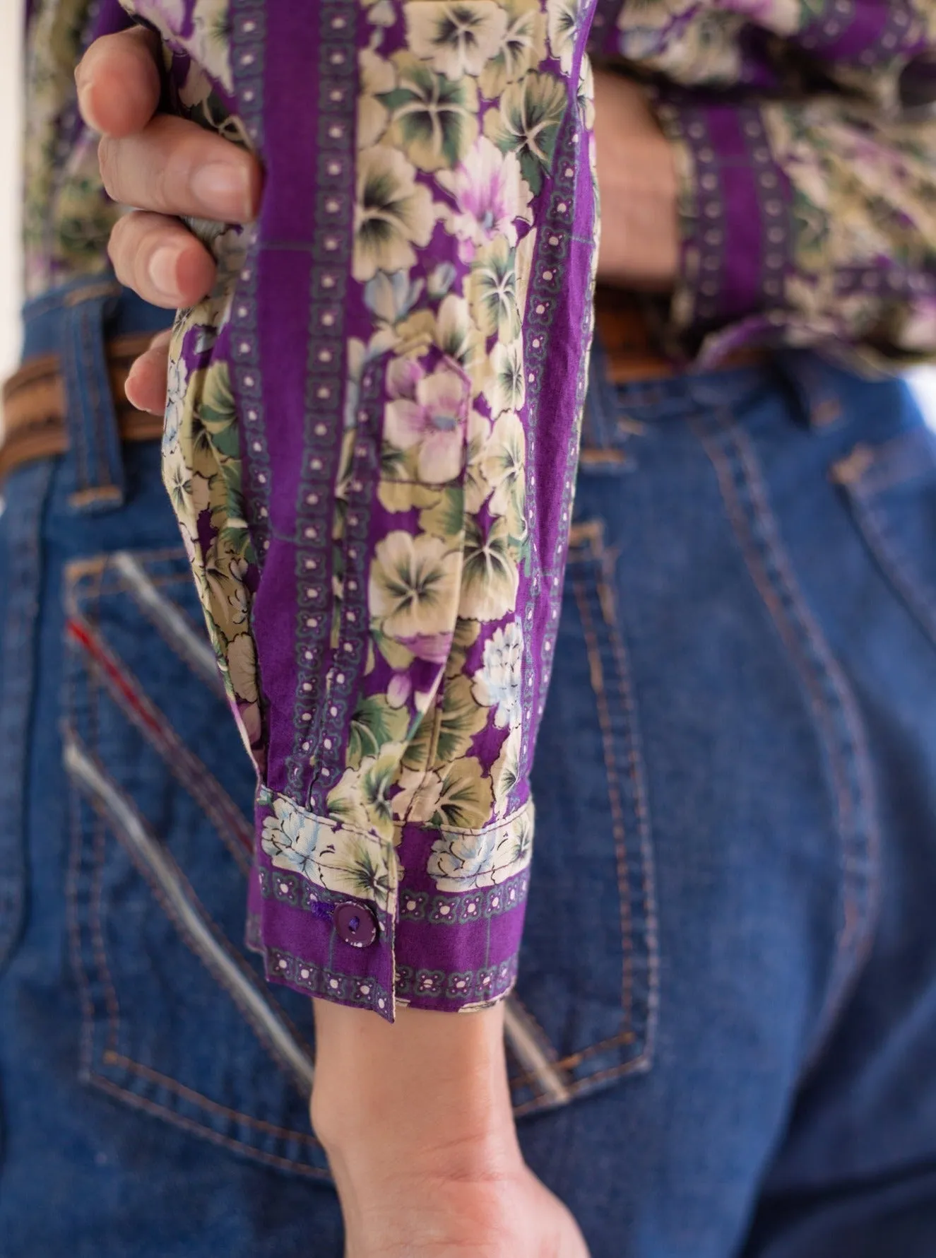 Vintage Cotton Collared Neck Floral Striped Purple Blouse