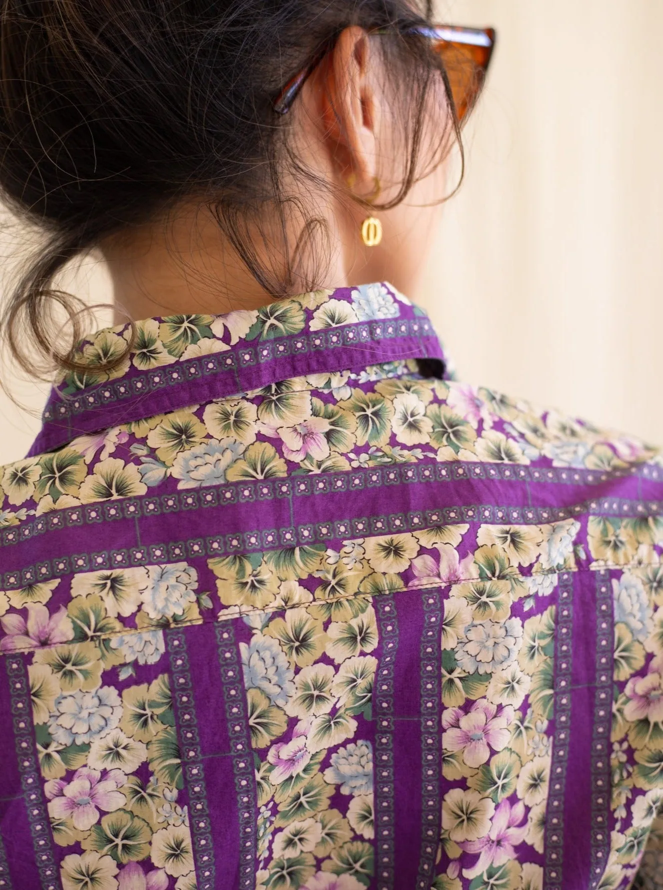 Vintage Cotton Collared Neck Floral Striped Purple Blouse
