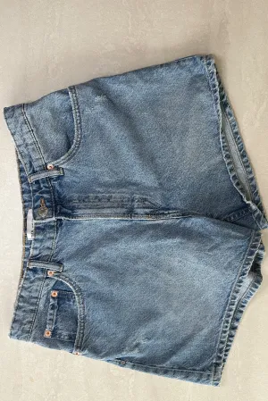 VINTAGE-WASH, HIGH-WAISTED DENIM SHORTS